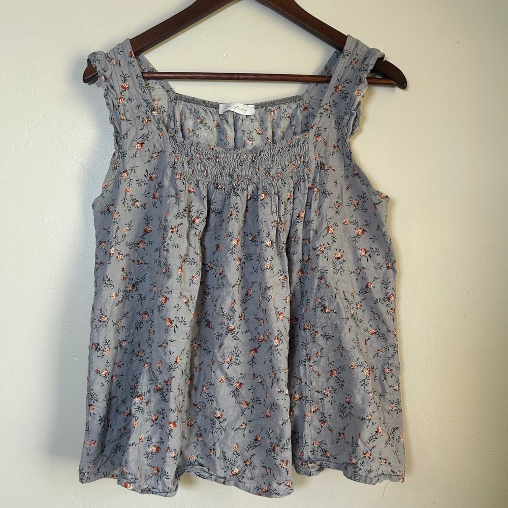 EUC Ces Femme Tank Top Size S Blue Floral Smocked Ruffle Cotton Gauze